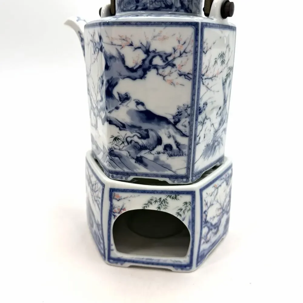 Vintage Dolphin Dynasty Blue Porcelain Hexagonal Teapot Warmer & Brass Handle